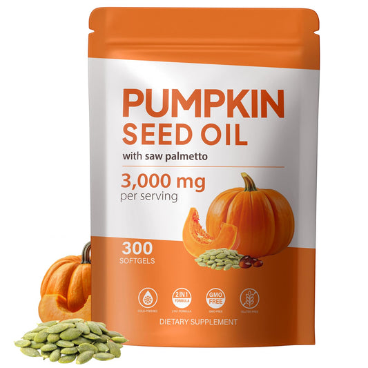 Pumpkin seed oil with saw palmetto capsules bottle and label – 300 softgels