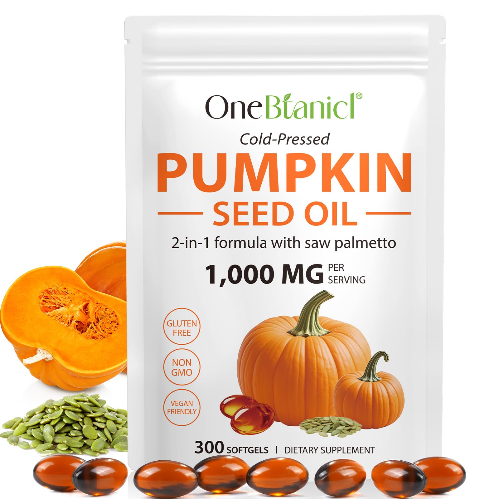 Bottle of Pumpkin Seed Oil with Saw Palmetto capsules (300 softgels)