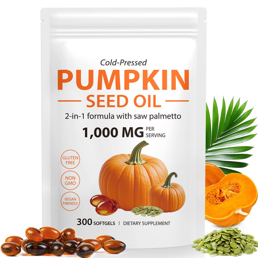 Bottle of pumpkin seed oil with saw palmetto capsules on a white background