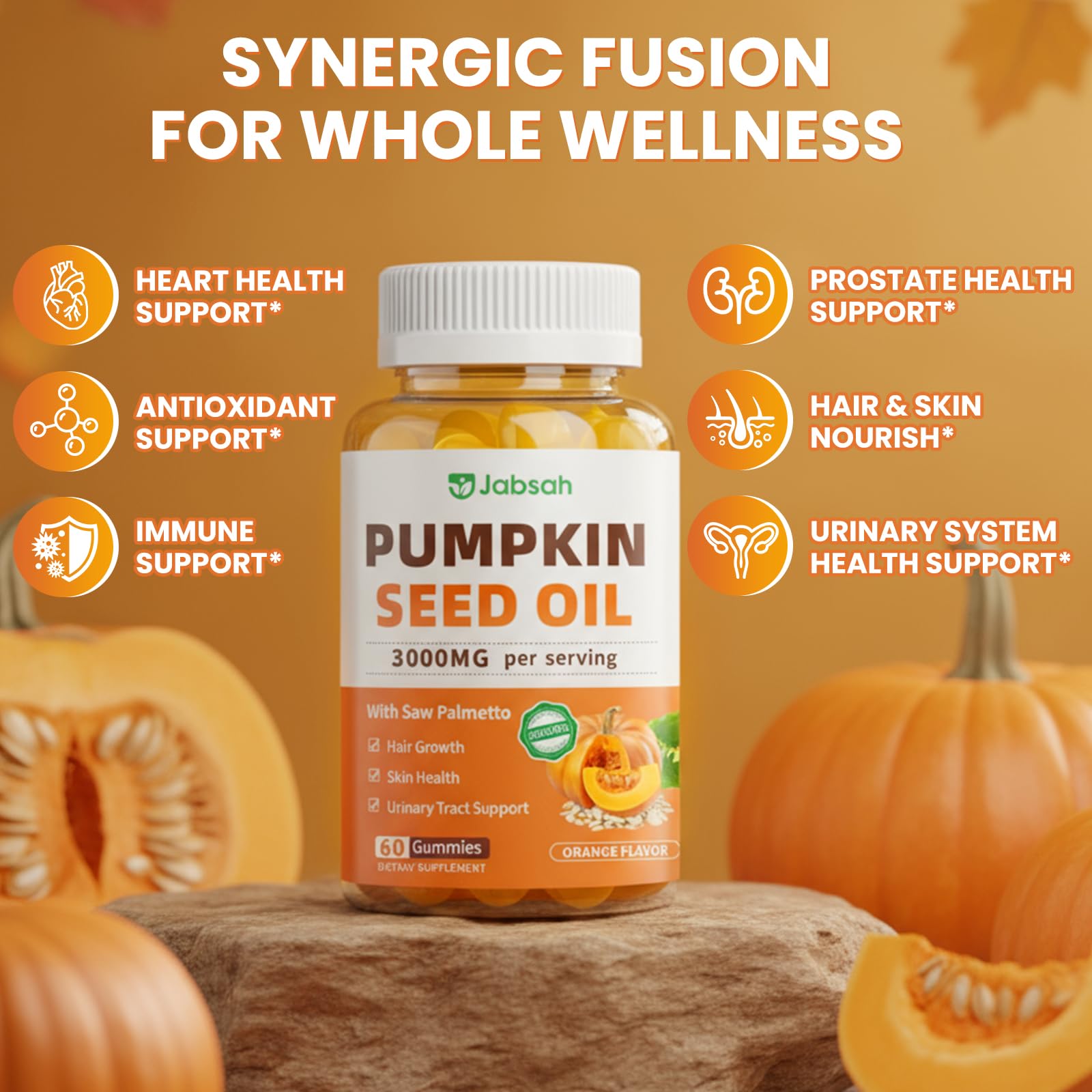 Front label showing 3000 mg pumpkin seed oil, 1000 mg saw palmetto, 11 mg zinc