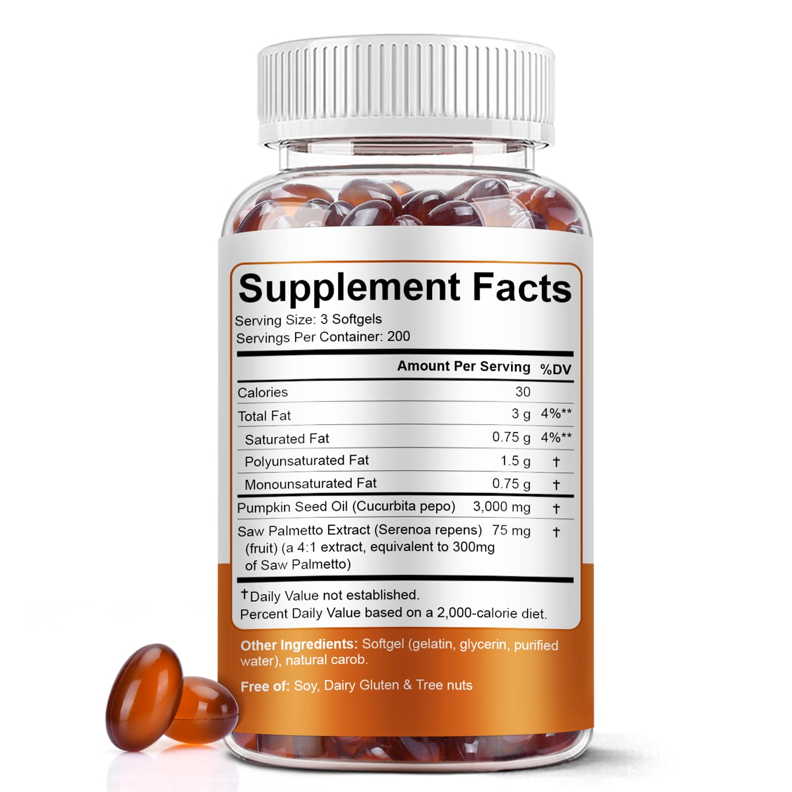 Back label view of Pumpkin Seed Oil with Saw Palmetto Softgels bottle