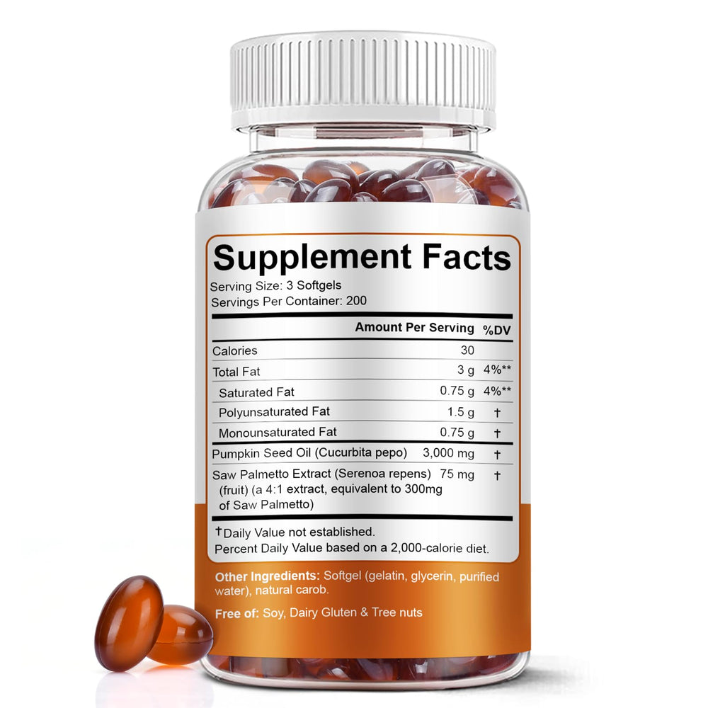 Back label view of Pumpkin Seed Oil with Saw Palmetto Softgels bottle