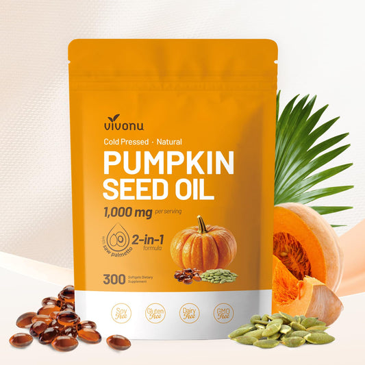 Bottle of VivoNu Pumpkin Seed Oil with Saw Palmetto softgels, 300-count
