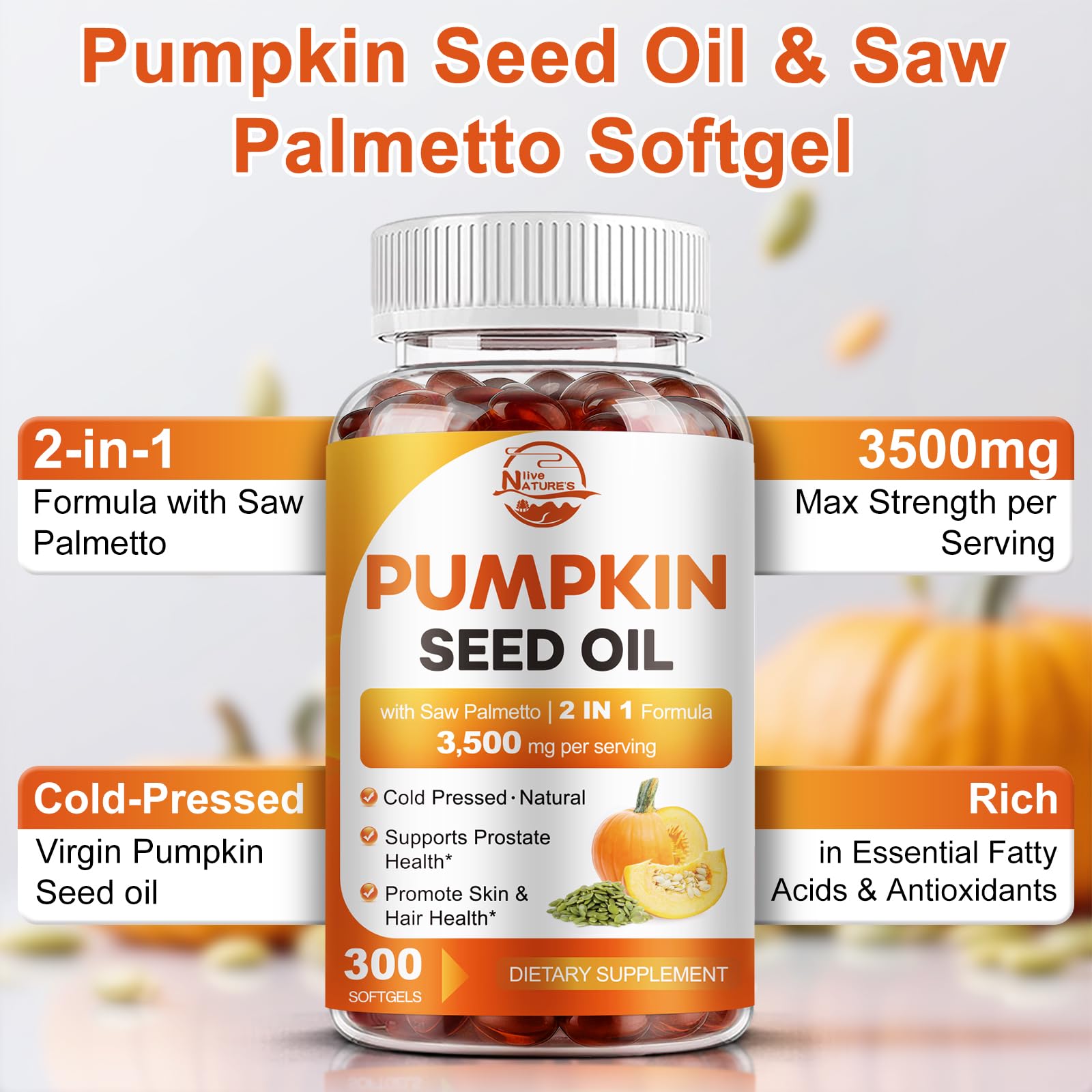 Bottle of pumpkin seed oil softgels 300-count