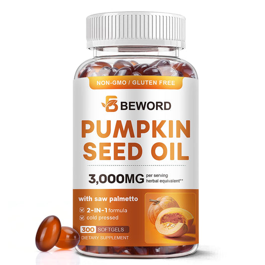 Hero image: Pumpkin Seed Oil with Saw Palmetto Softgels bottle and capsules