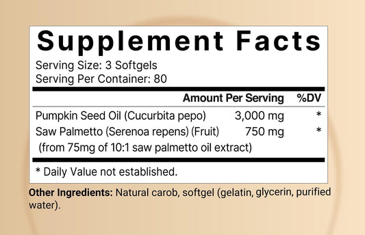 Close-up of pumpkin seed oil softgels showing 3,000 mg per serving