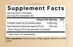 Close-up of pumpkin seed oil softgels showing 3,000 mg per serving