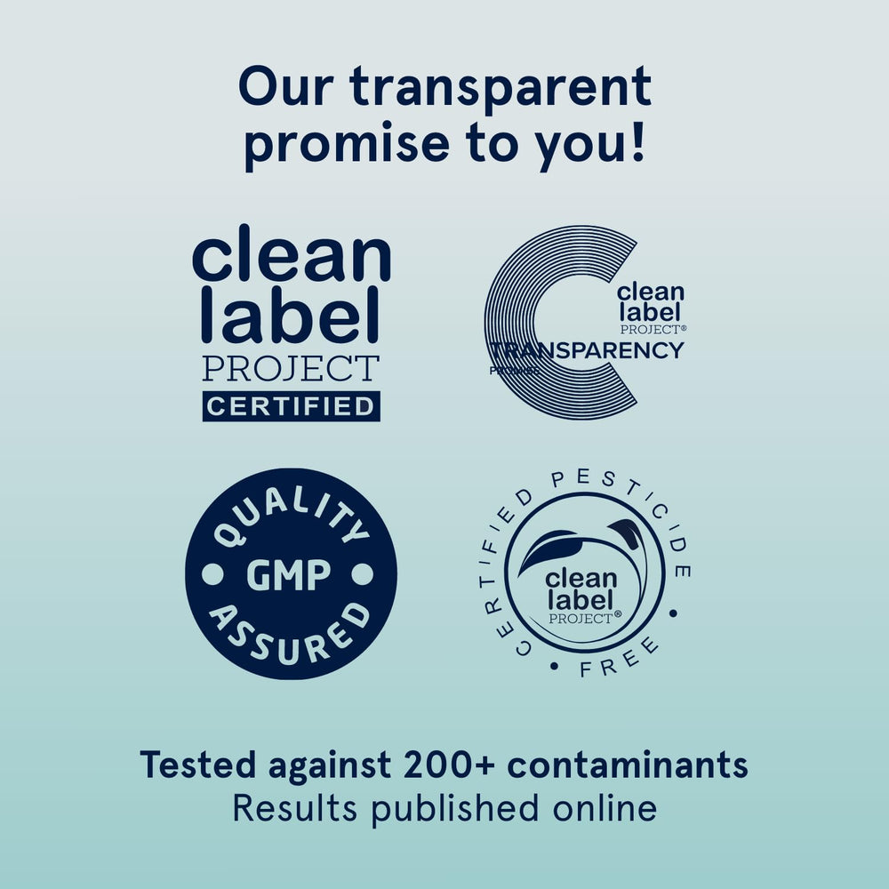 Icons indicating gluten-free, soy-free, non-GMO and pesticide-free