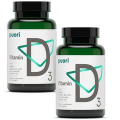 Puori Vitamin D3 softgels bottle front, high-potency 2500 IU for immune support.