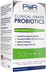 PUR Nutraceuticals probiotics bottle with 50B CFUs and 10 strains, delayed-release capsules