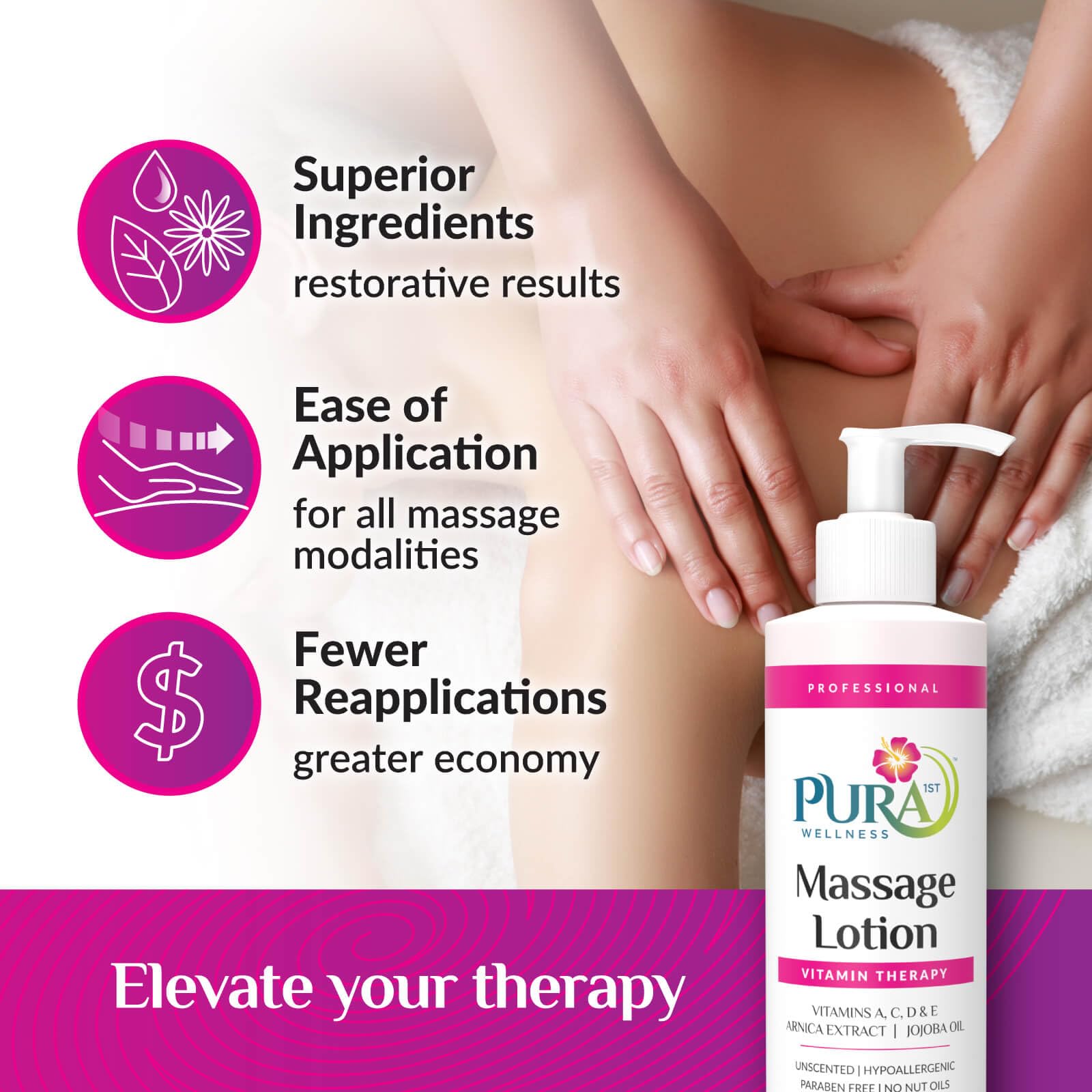 Skin-hydrating, unscented massage lotion by PURA 1st Wellness
