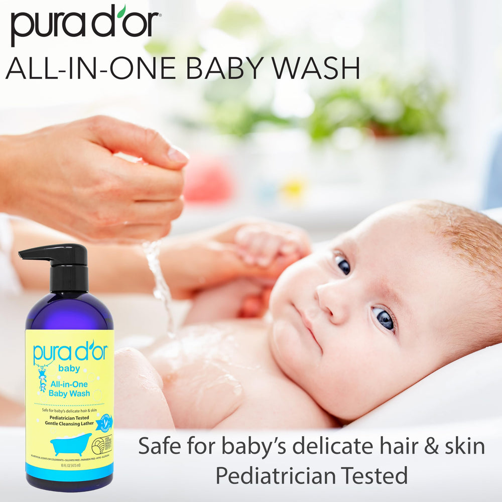 Close-up of PURA D’OR baby wash bottle for bath and shampoo