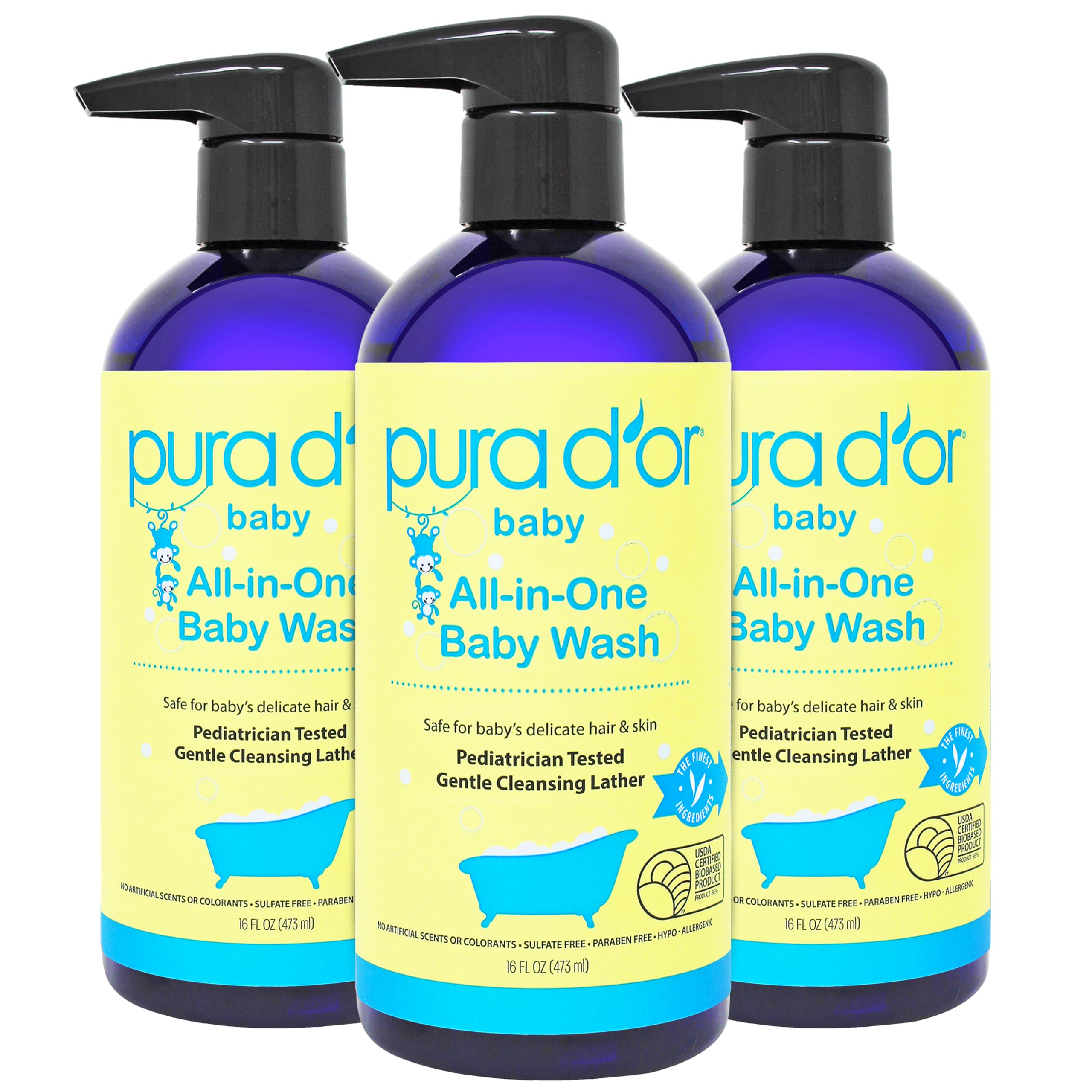 PURA D'OR All-in-One Baby Wash bottle bundle front view (48 oz total)