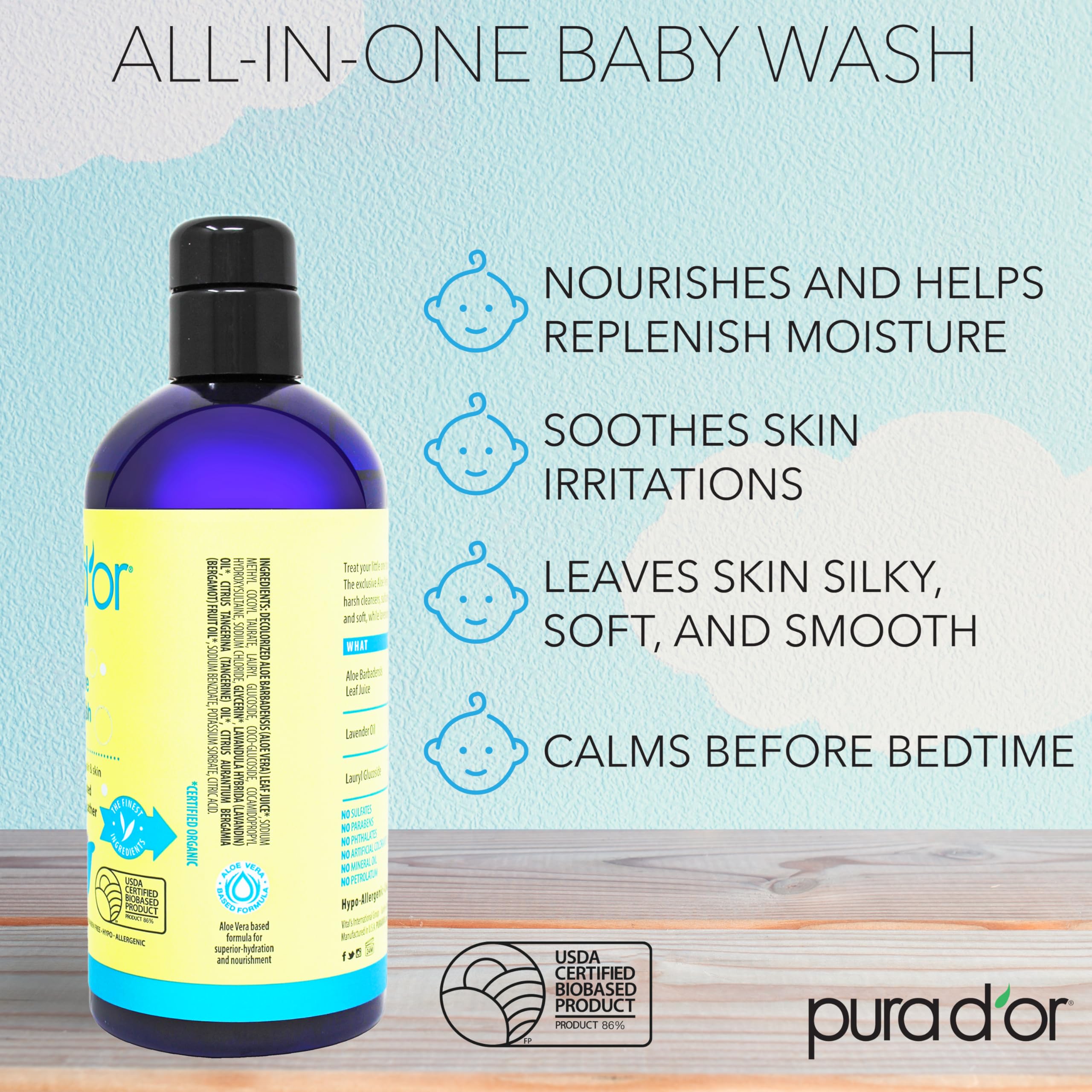 Ultra-mild PURA D'OR baby wash and shampoo with Aloe Vera