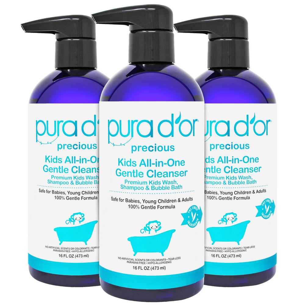 PURA D'OR Kids Wash 16oz bottles arranged as a trio (48oz total)