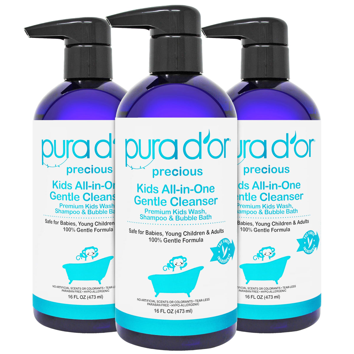 PURA D'OR Kids Wash 16oz bottles arranged as a trio (48oz total)