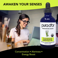 PURA D'OR Lemongrass Essential Oil 4oz bottle close-up with label