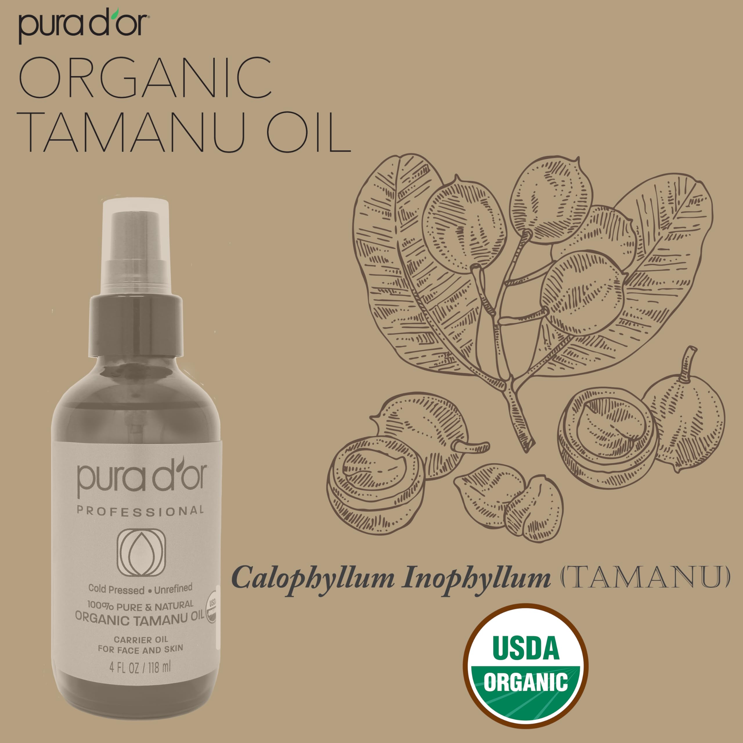 4oz PURA D'OR Tamanu Oil packaging with dropper