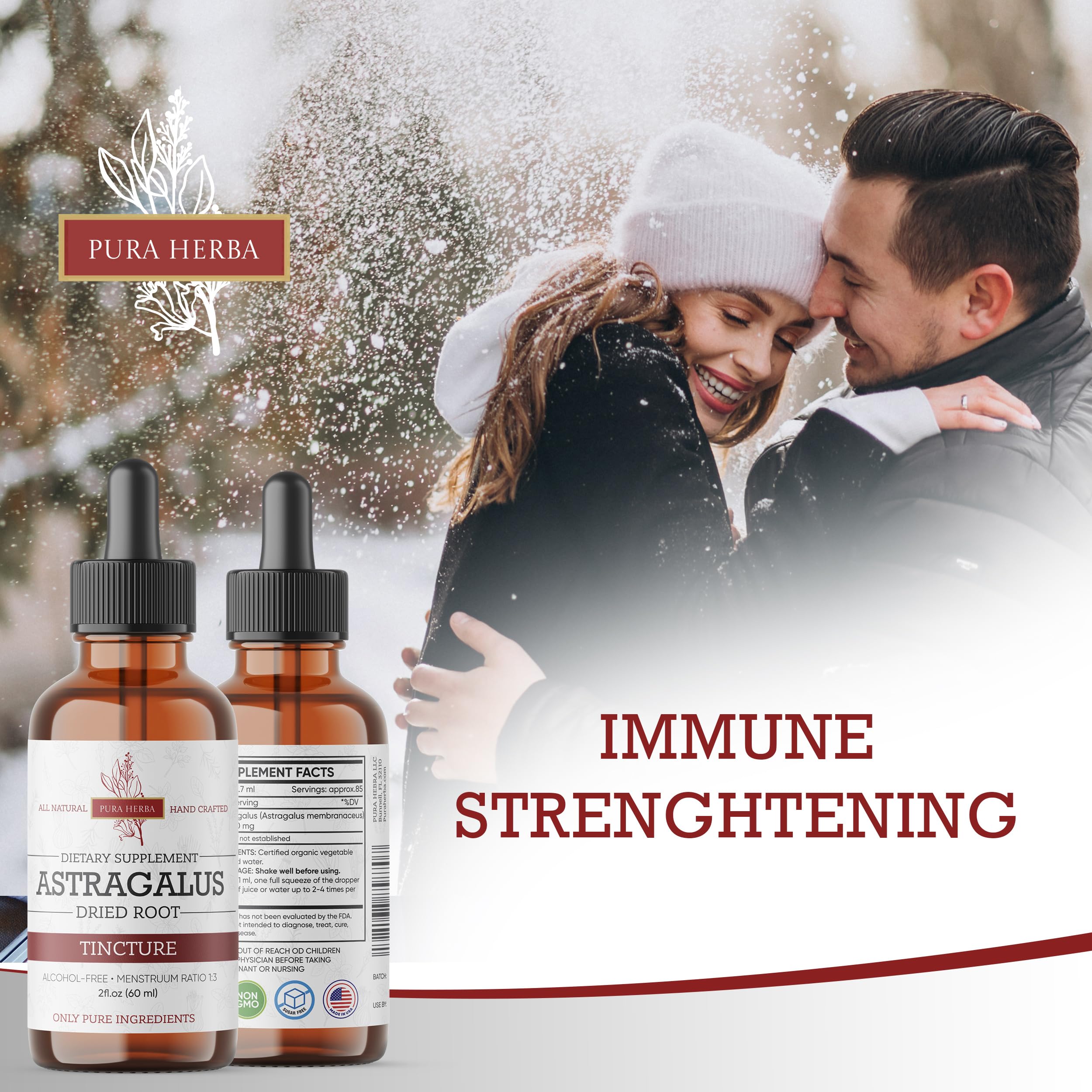 Pura Herba Astragalus tincture bottle with dropper and label