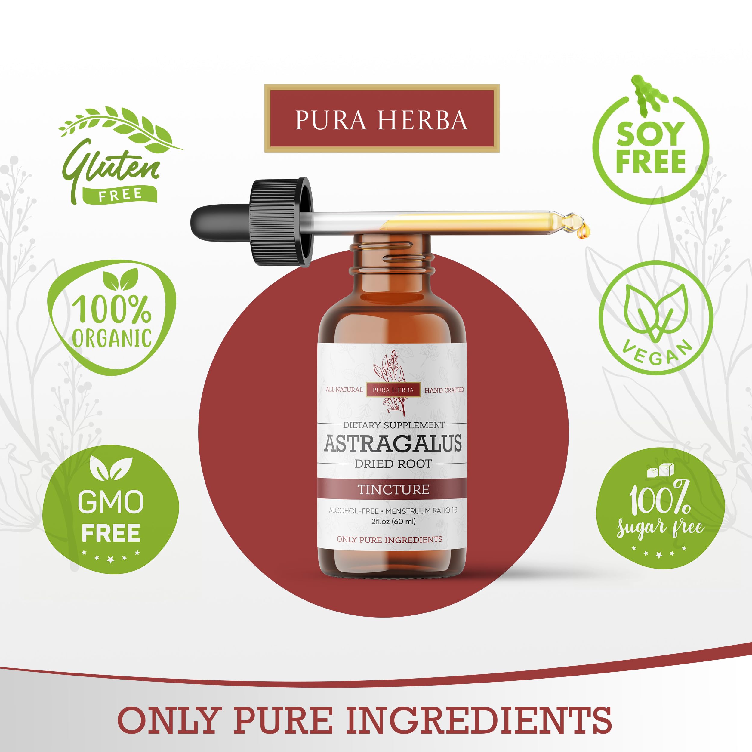 Close-up of Astragalus tincture bottle label highlighting vegan, alcohol-free features