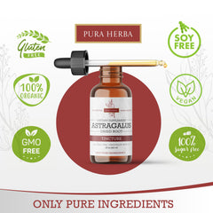 Close-up of Astragalus tincture bottle label highlighting vegan, alcohol-free features