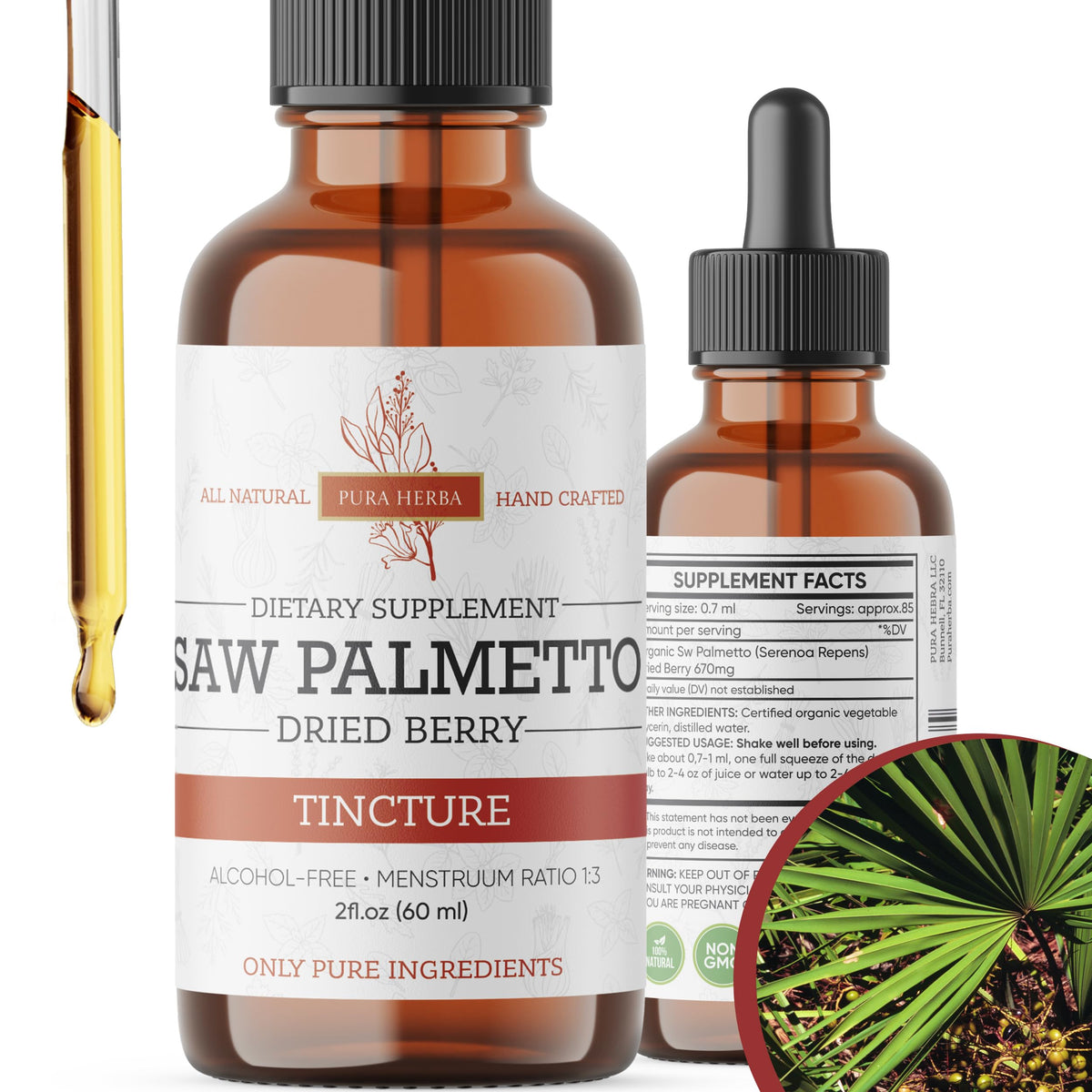 Pura Herba Saw Palmetto Tincture 2 oz bottle - alcohol-free herbal extract