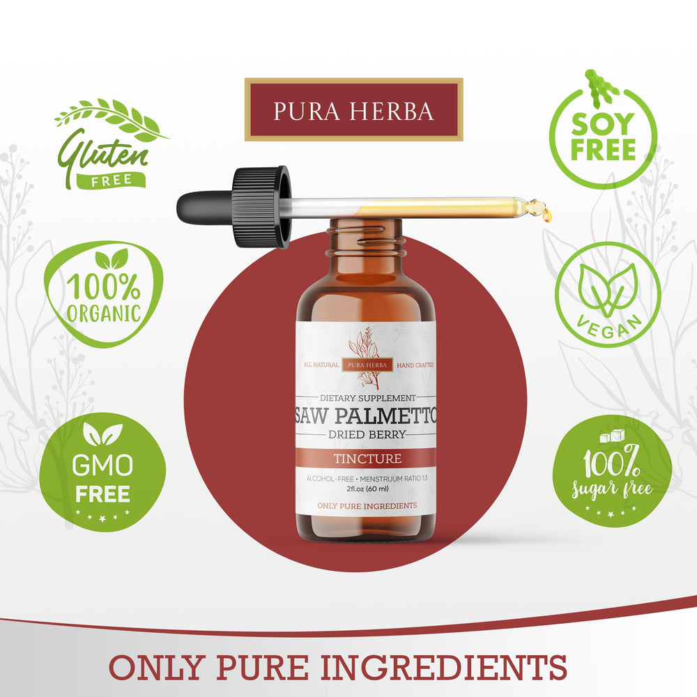 Label on Pura Herba Saw Palmetto Tincture bottle showing Made in USA