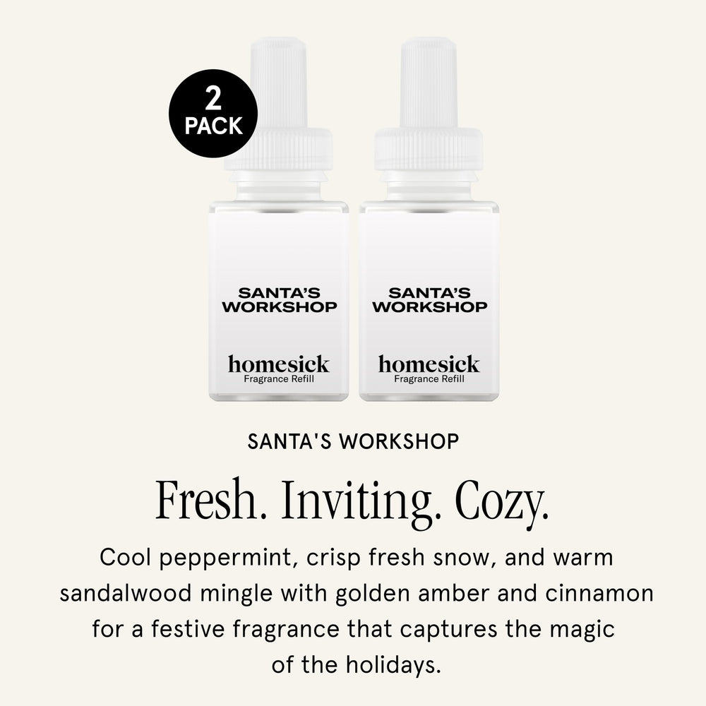 Close-up of Santa's Workshop fragrance notes: sandalwood, snow, amber