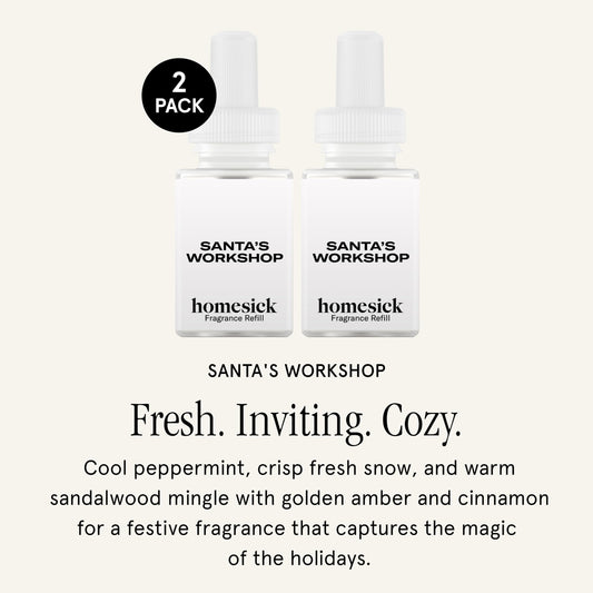 Close-up of Santa's Workshop fragrance notes: sandalwood, snow, amber