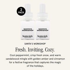 Close-up of Santa's Workshop fragrance notes: sandalwood, snow, amber