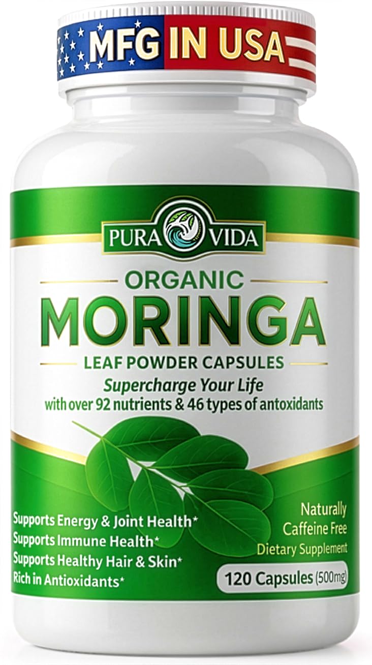 Pura Vida Moringa Capsules bottle featuring Single Origin Organic Moringa.