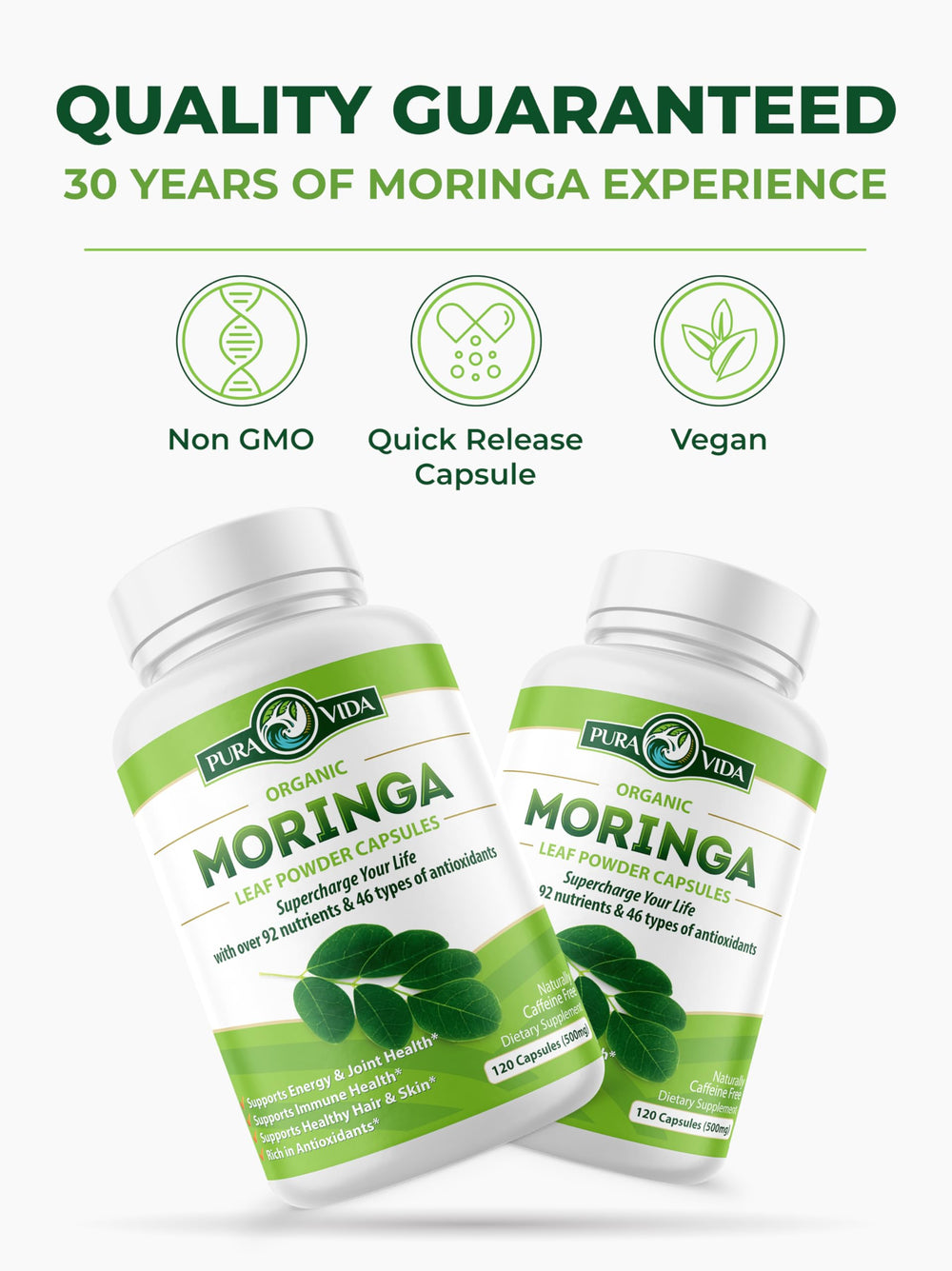 Certified Organic Moringa leaves used to make capsules.