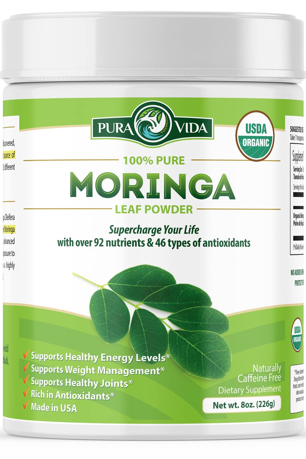 PURA VIDA Moringa Powder bottle with organic label