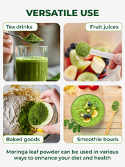 8 oz PURA VIDA Moringa Powder container displayed with serving ideas