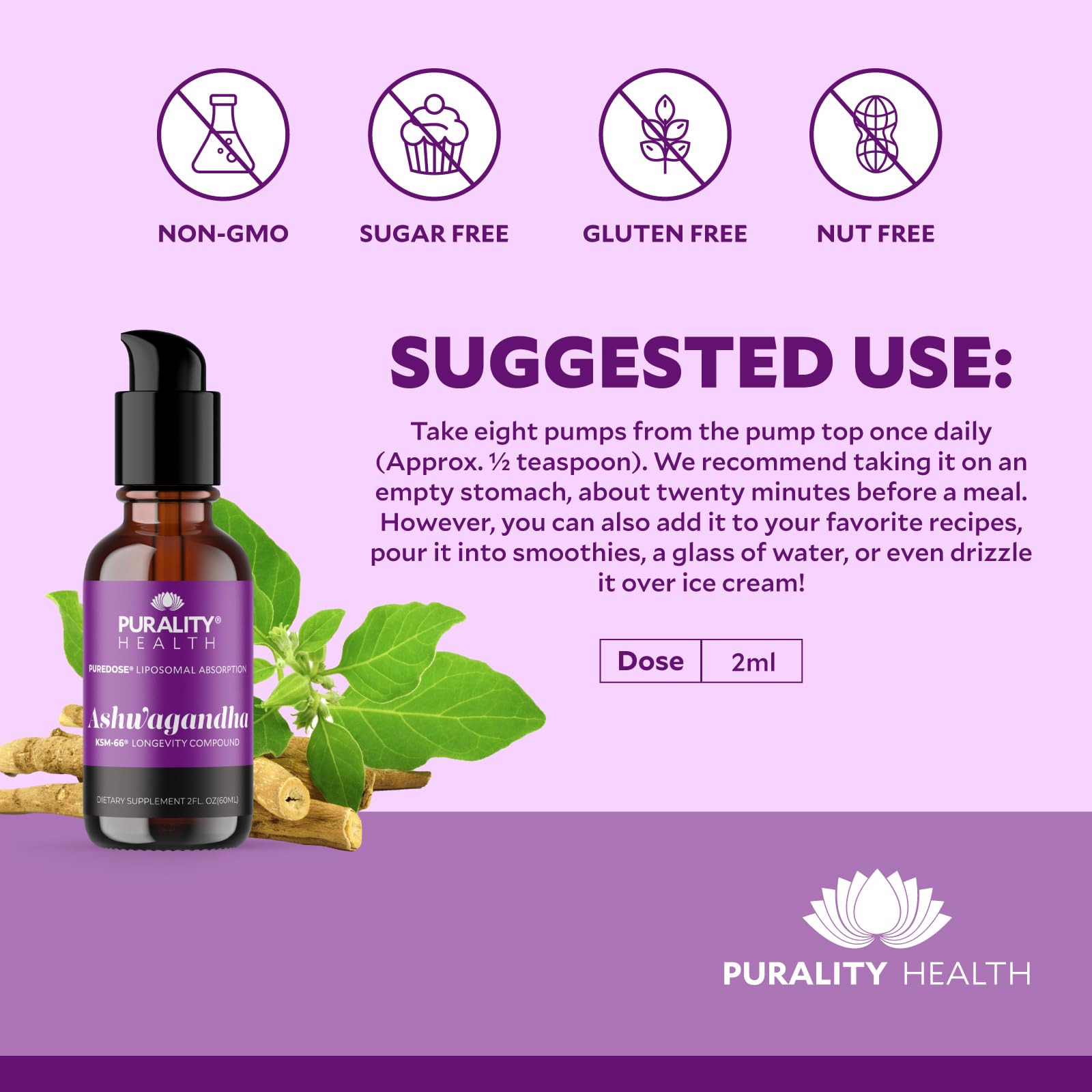 Serving pump and bottle of Ashwagandha Liposomal Liquid 2 fl oz