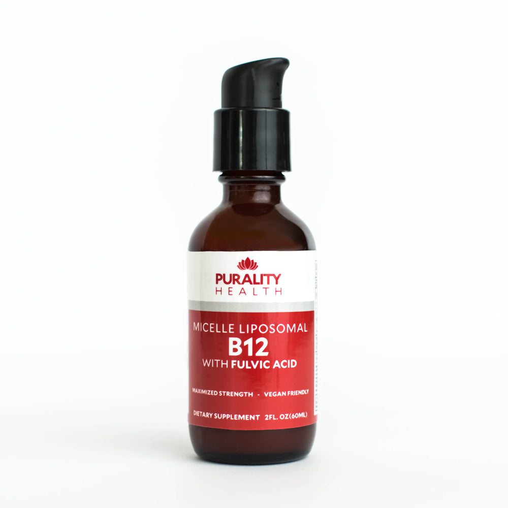 Front view of Purality Health B12 micelle liposomal bottle