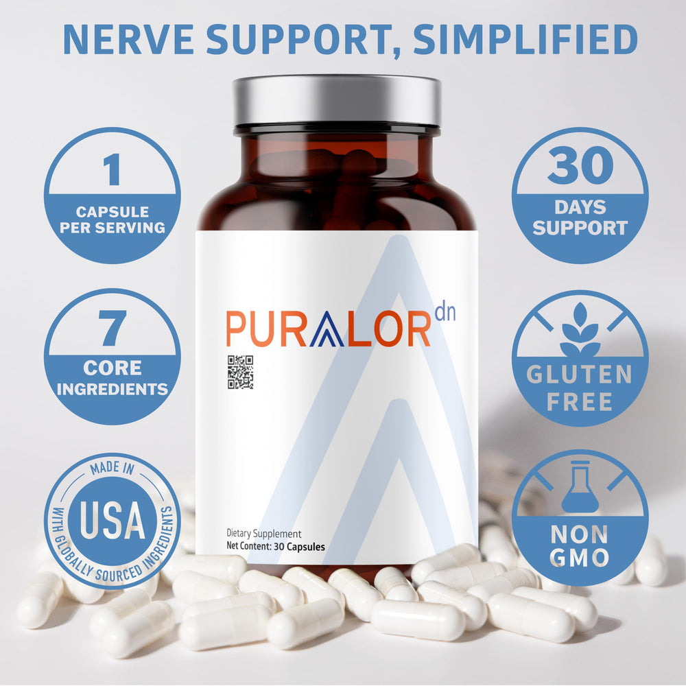 Puralor DN bottle showing 30 capsules and daily serving information