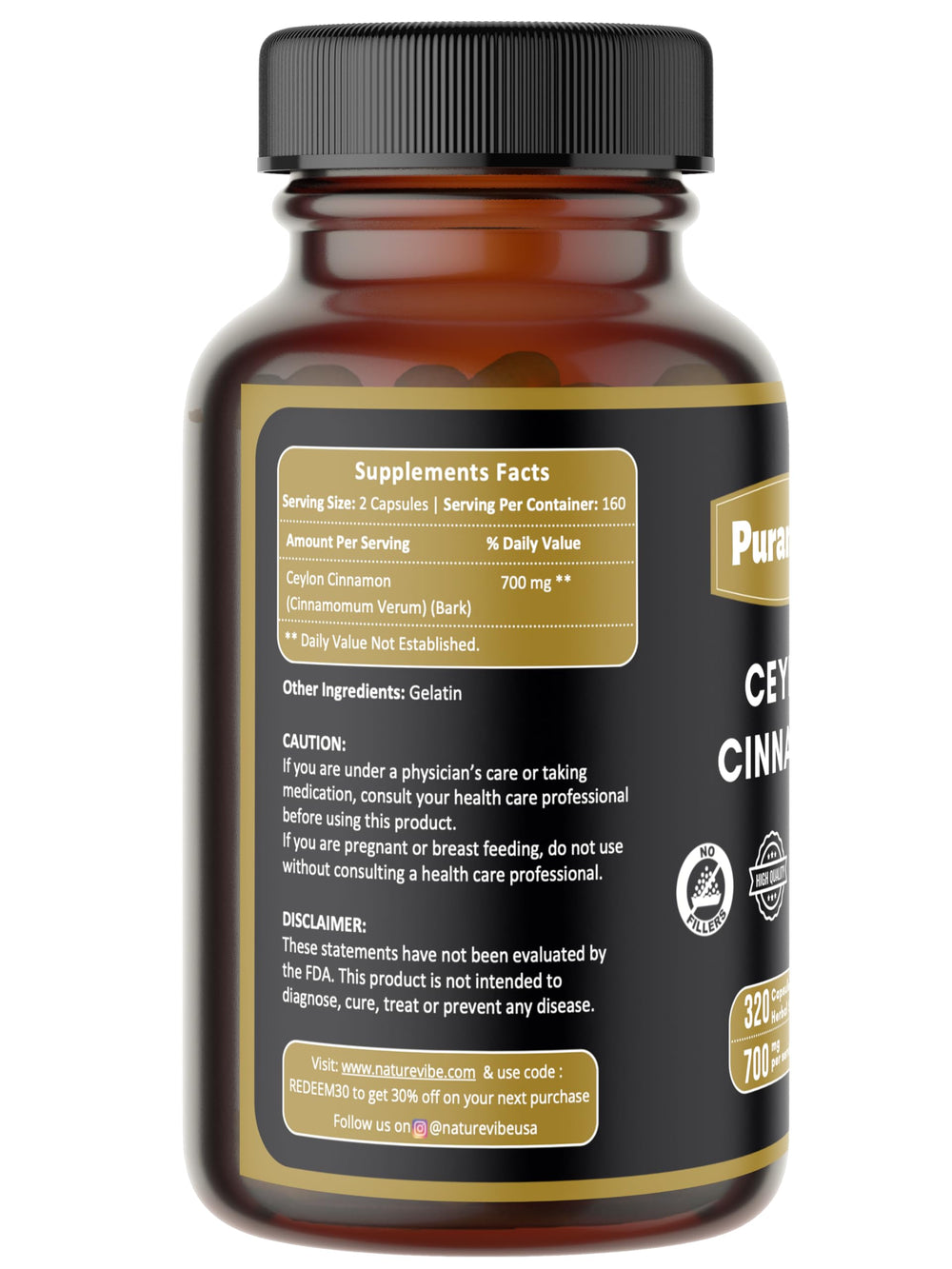 Puranicals Cinnamon bottle packaging displaying 320 capsules