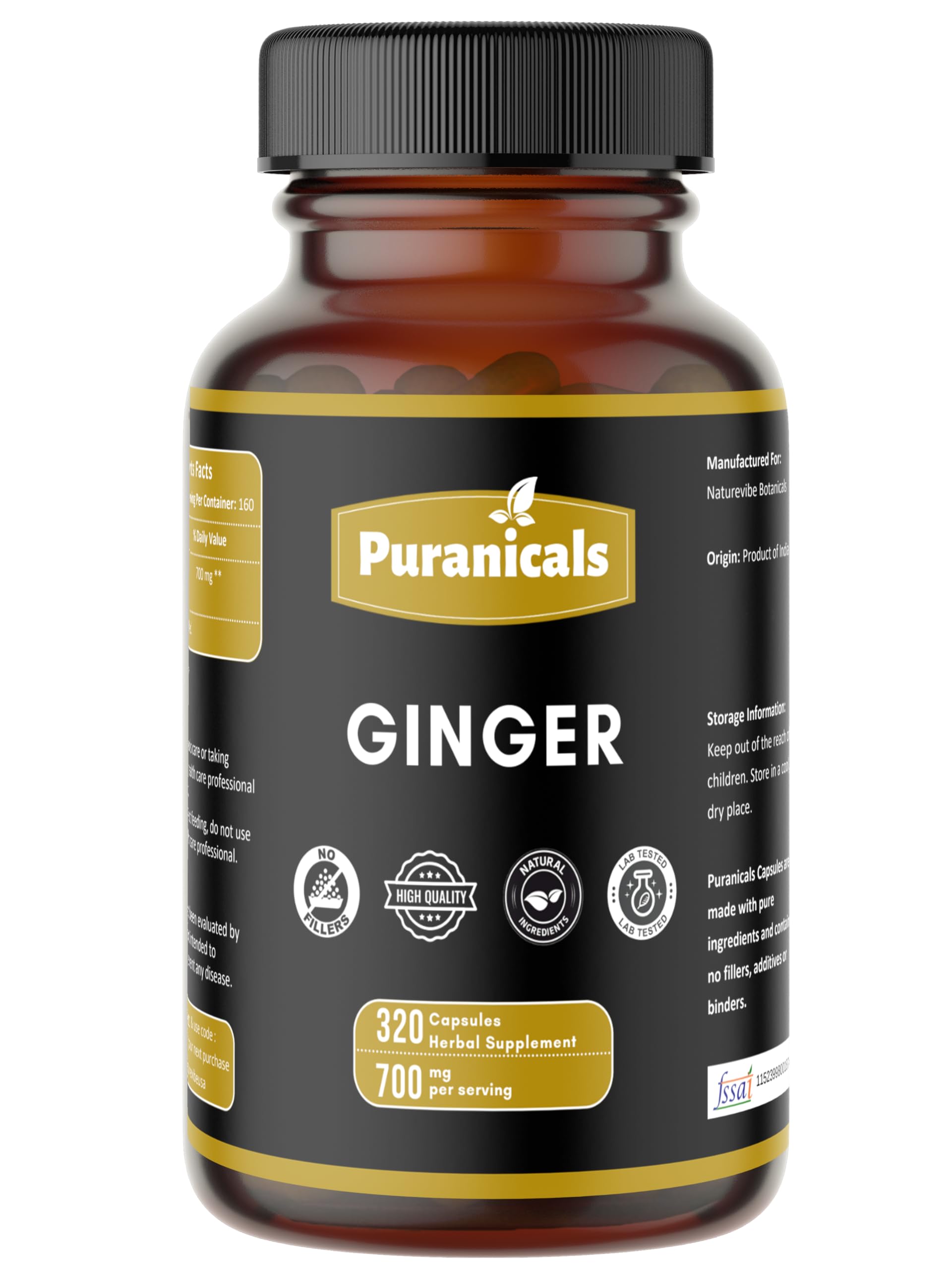 Puranicals Ginger Premium 320 Capsules bottle