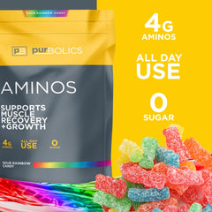 Serving scoop of Purbolics Aminos Sour Rainbow Candy in a glass