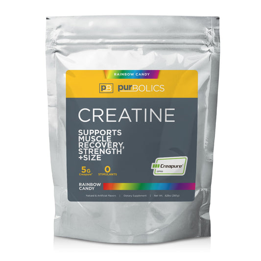 Purbolics Creapure Creatine Monohydrate Rainbow Candy bottle and scoop