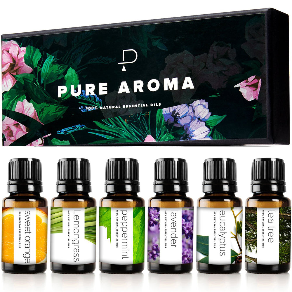 Pure Aroma 6x10ml essential oil set with Lavender, Eucalyptus, Lemongrass, Sweet Orange, Peppermint, and Tea Tree