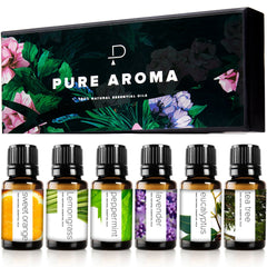 Pure Aroma 6x10ml essential oil set with Lavender, Eucalyptus, Lemongrass, Sweet Orange, Peppermint, and Tea Tree