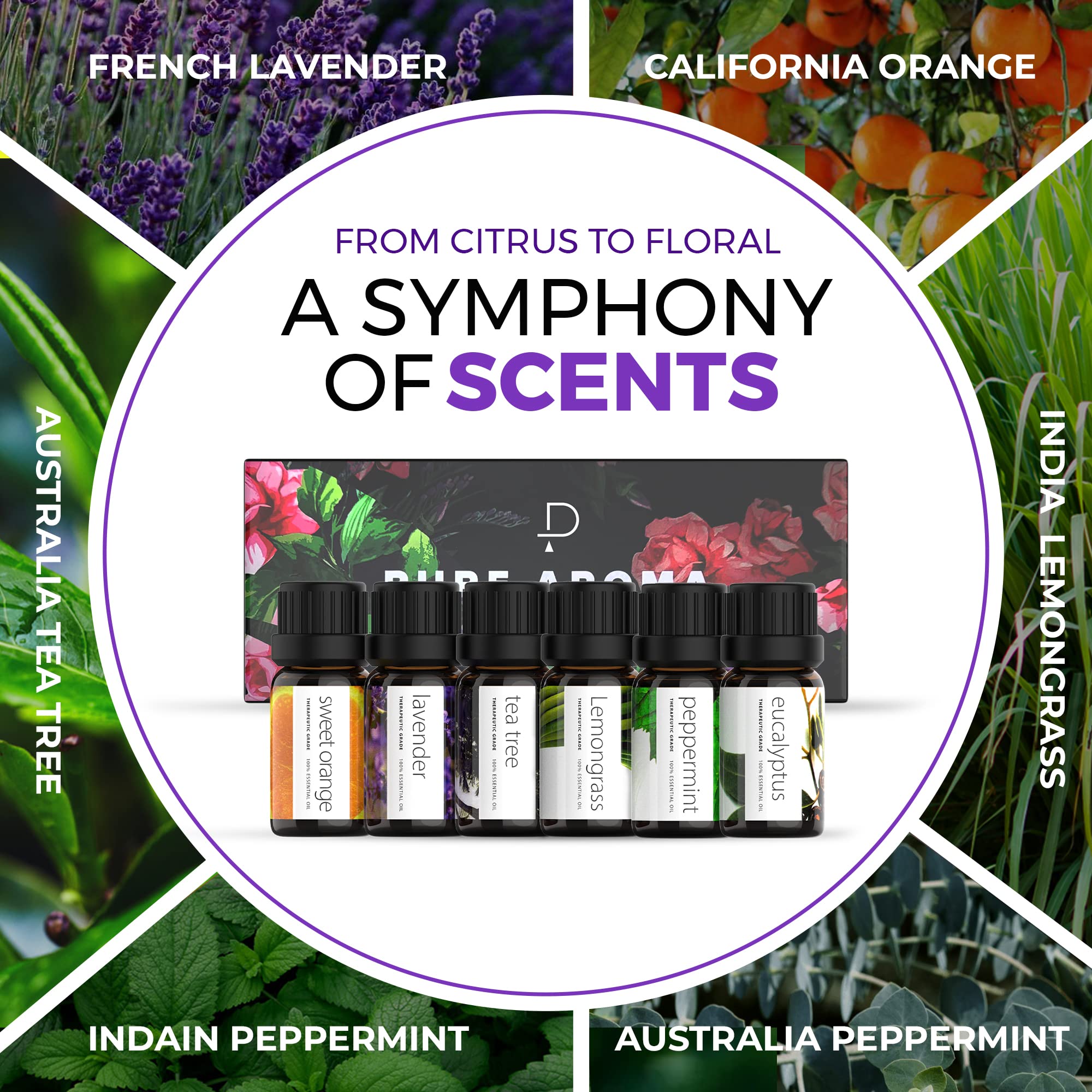 Lemongrass and Sweet Orange essential oil bottles from Pure Aroma set