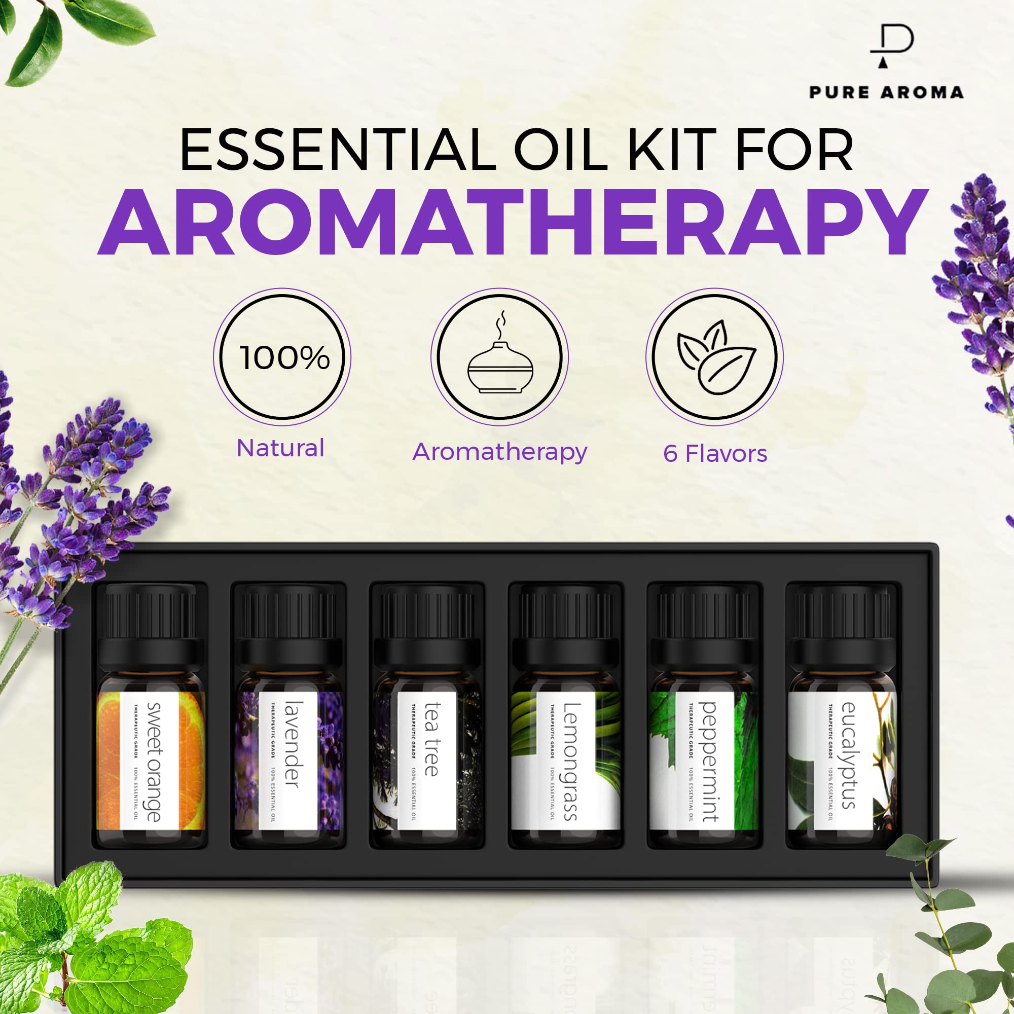 Peppermint and Tea Tree essential oil bottles from Pure Aroma set