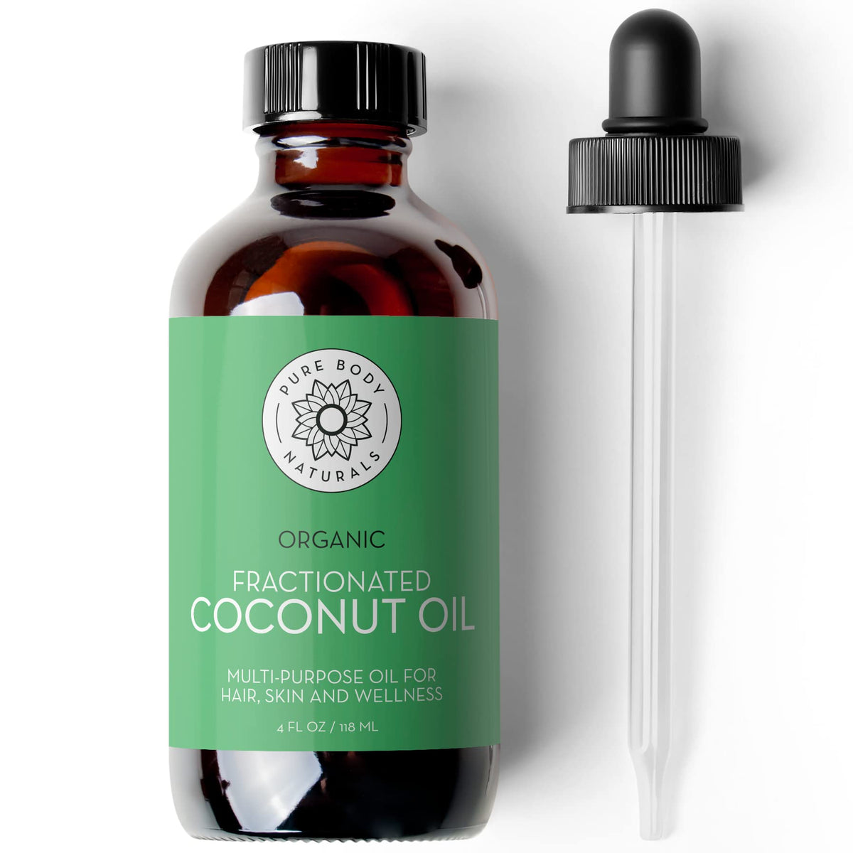 Pure Body Naturals fractionated coconut oil bottle with amber glass protects contents.
