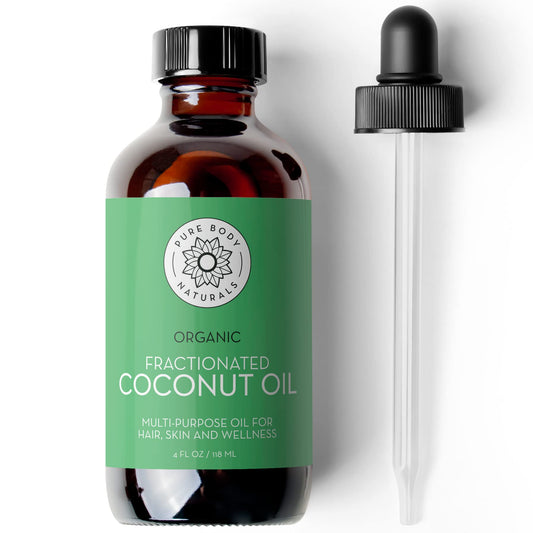 Pure Body Naturals fractionated coconut oil bottle with amber glass protects contents.