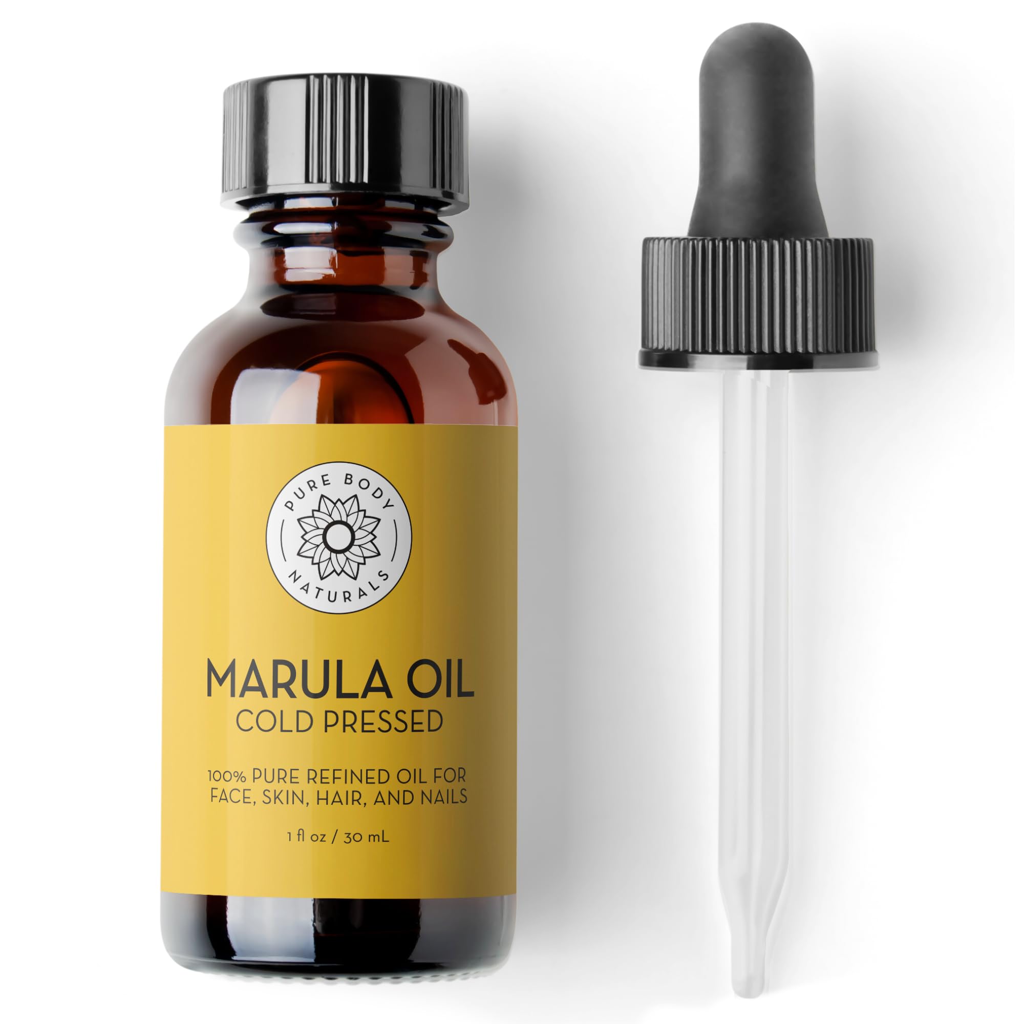 Pure Body Naturals Marula Oil bottle shows a light, non-greasy formula absorbed quickly.