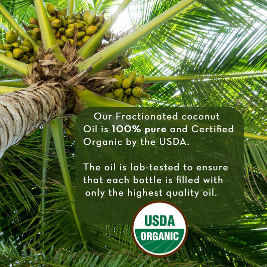 Pure Body Naturals organic fractionated coconut oil, palm oil free, ideal for hair conditioning.