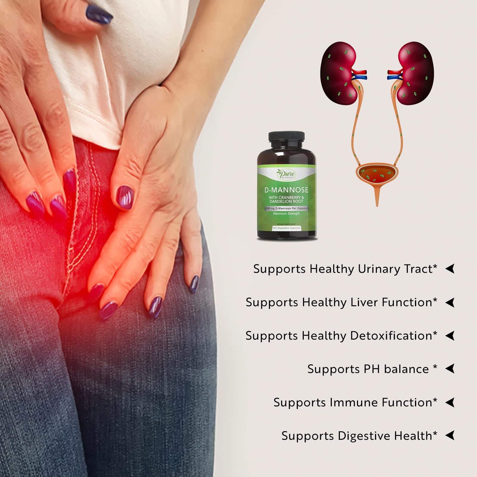 Graphic image highlighting D-Mannose, Cranberry, and Dandelion Extract ingredients